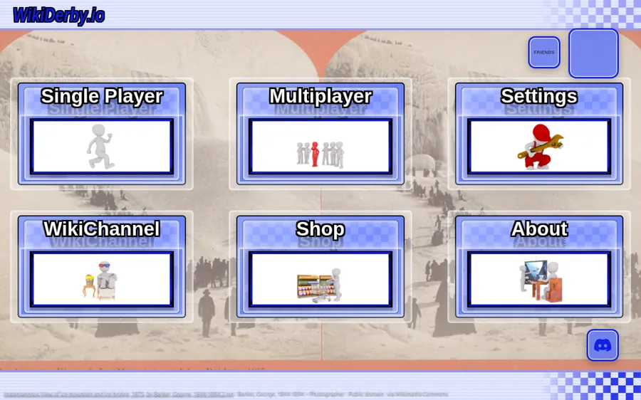 WikiDerby main menu with Single Player, Multiplayer, Settings, WikiChannel, Shop and About panels.