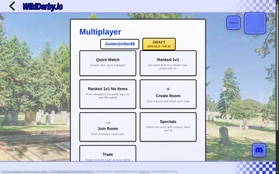 WikiDerby multiplayer menu showing Quick Match, Ranked 1v1, Create Room, Join Room and Spectate.