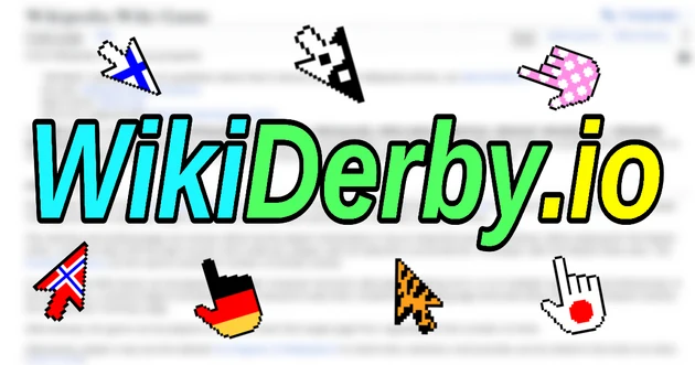 WikiDerby key art: the WikiDerby.io wordmark over a Wikipedia article, surrounded by mouse cursors painted as national flags.
